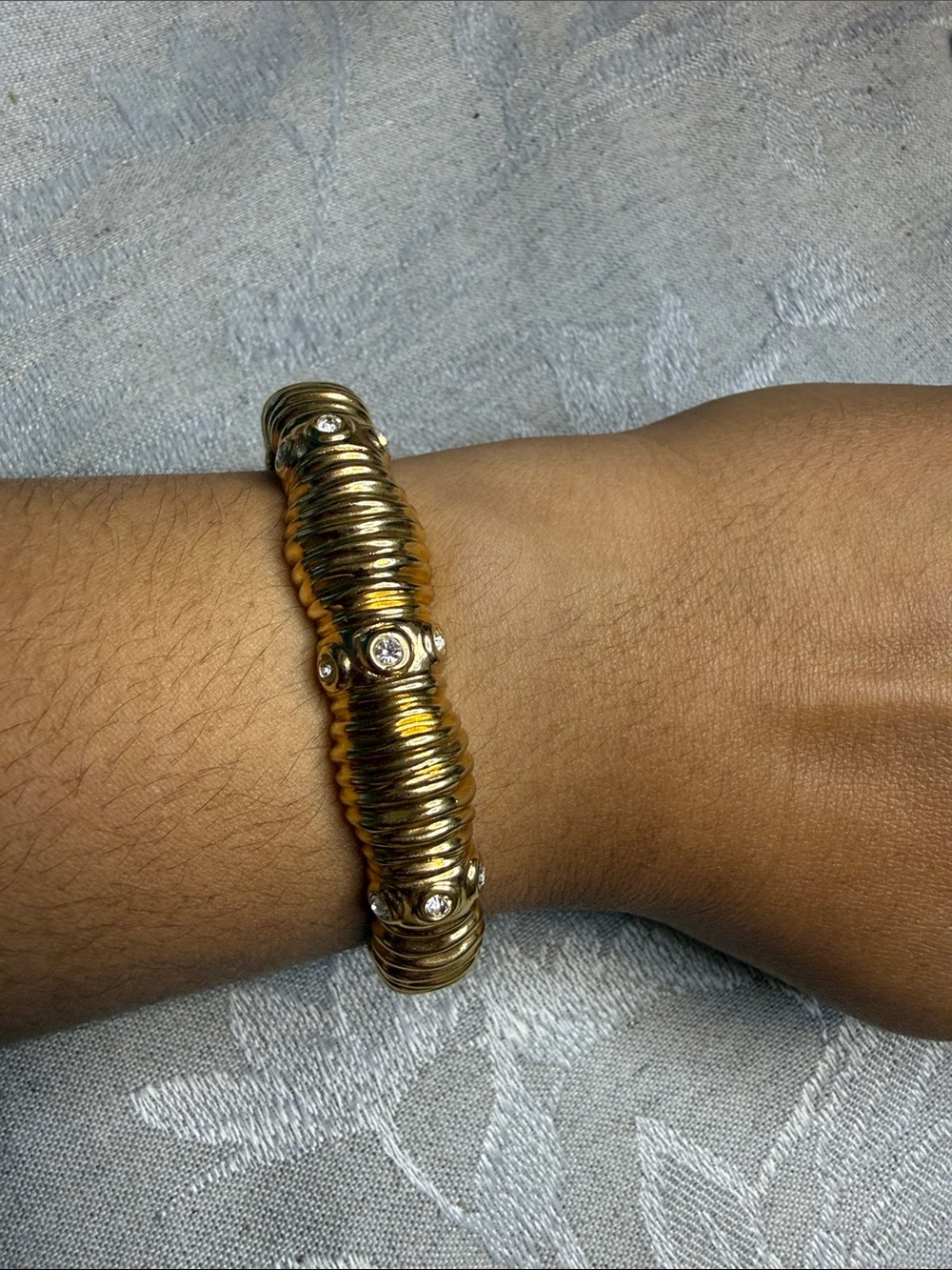 Swarovski Gold-Tone Ribbed Crystal Accent Stretch Bracelet
